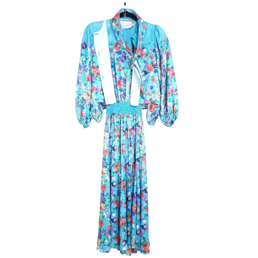 Diane Freis Womens Dress Jacket Set Vtg Georgette Blue Polka Dot Floral Maxi 6